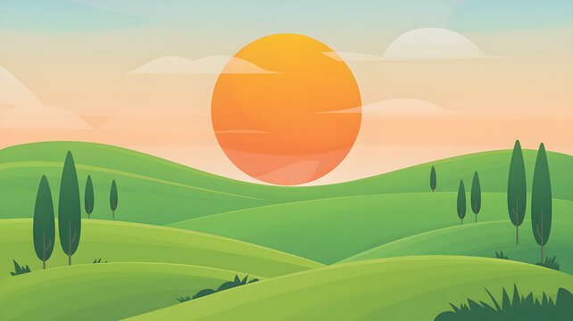 Flat vector illustration of a peaceful green countryside landscape with rolling hills and sunrise
