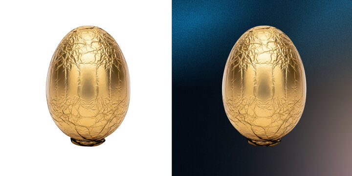 Golden foil chocolate egg 3d render for easter holiday celebration decor.