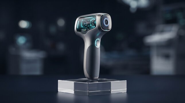 Futuristic infrared non-contact thermometer illuminated by electric cyan and ice blue light, representing digital temperature measurement and modern healthcare technology.