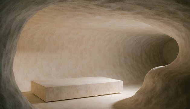 Minimalist Stone Podium in Sandstone Cave Tunnel, Empty Product Display Platform with Soft Natural Lighting