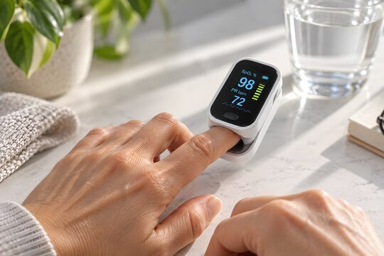 Checking blood oxygen level with fingertip pulse oximeter