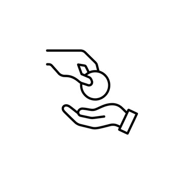 Line icon representing a hand giving a coin to another hand as a symbol of payment or donation with donation