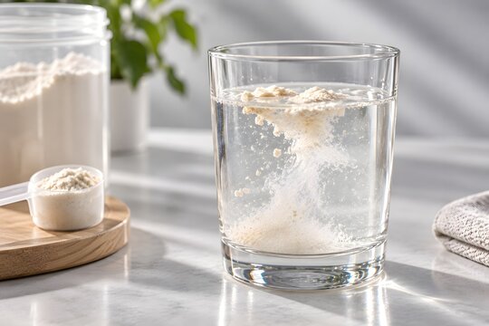 Scoop of protein powder dissolving in glass of water