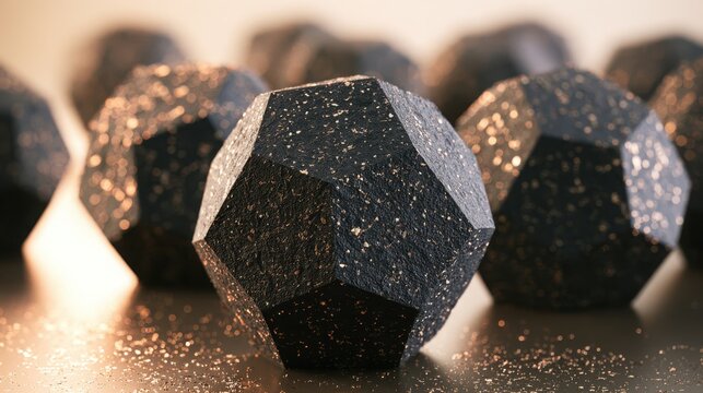 Geometric polyhedral object with sparkling textured surface rests on a metallic table with soft warm bokeh lighting.