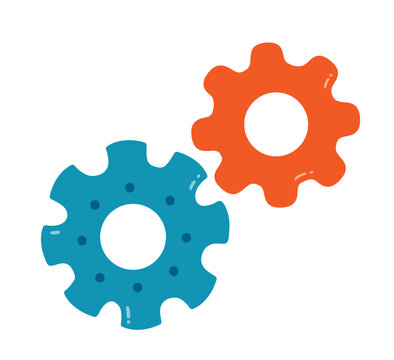 Vector illustration of two colorful gears. Flat isolated cogwheel set for engineering, settings and mechanical concepts.