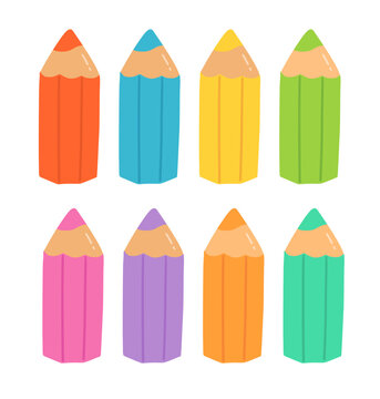 Vector illustration of cute colorful sharpened pencils. Flat isolated school stationery set for drawing, writing and education.