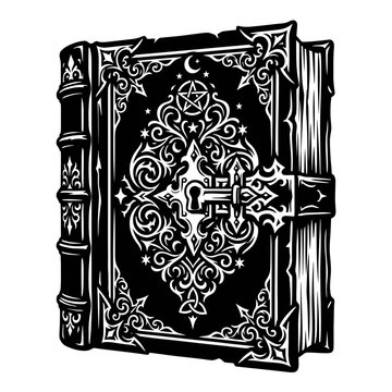 Vintage antique grimoire book with intricate gothic pattern