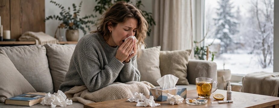 Woman with cold and flu symptoms resting on couch in winter