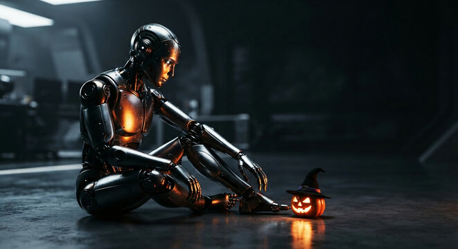Humanoid robot sitting with halloween jack o lantern
