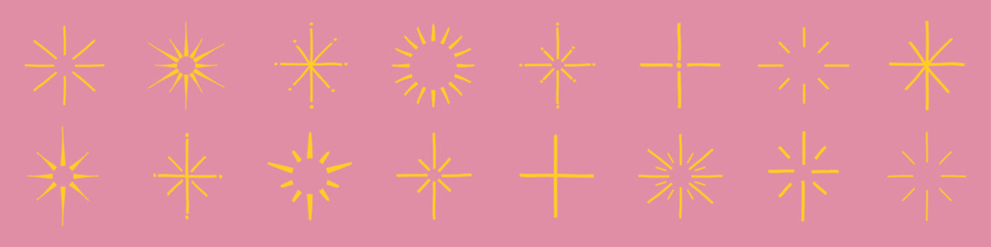 Vector of yellow starburst and cross designs on a pink background.