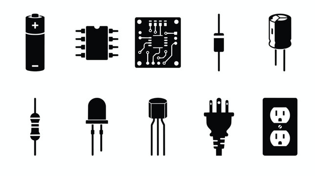 Electronic components icon set, 10 black vector circuit elements, hardware engineering symbols including battery, microchip, and resistor isolated on White Background