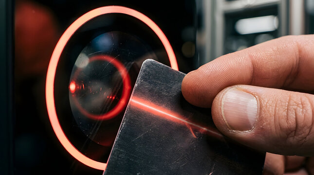 Hand tapping contactless membership card reader with red security light in modern facility
