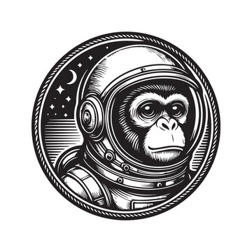 Black and white circular illustration of a chimpanzee wearing a vintage astronaut space helmet.
