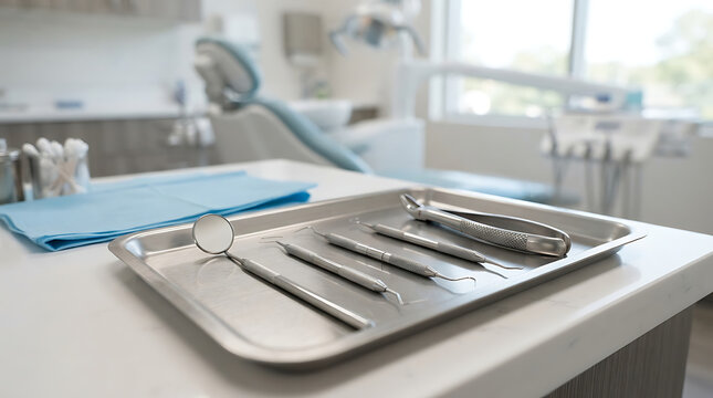 A professional dental clinic tray with sterile instruments ready for a patient examination