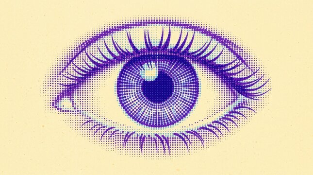 Abstract halftone style human eye illustration with blue iris and long lashes isolated on a clean white background