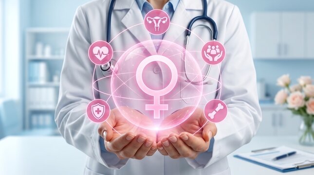 Advanced FemTech and comprehensive women's health concept featuring a doctor holding a futuristic medical hologram with specialized care icons