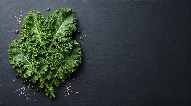 Fresh green kale leaf with sea salt on a dark textured slate background with copy space