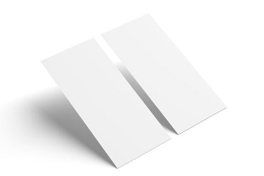 DL flyer mockup set with two blank white vertical cards isolated on transparent background, corporate identity brochure leaflet template perspective angle view presentation, 3d render