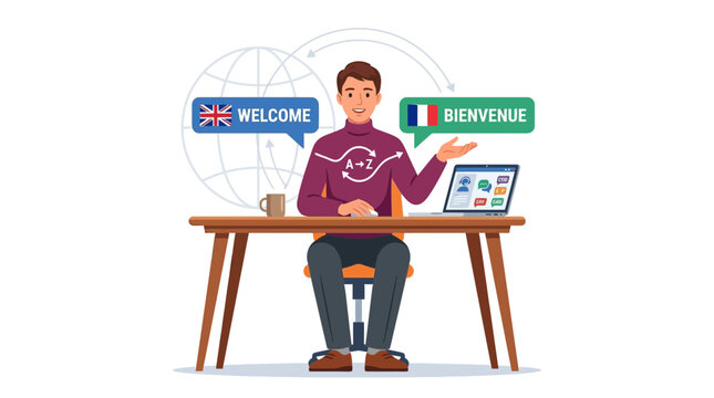Online Language Translator: Man Working Remotely with Translation Software and International Communication