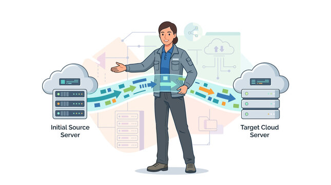 Person explaining data transfer from initial server to cloud server, illustrating cloud migration and data processing concepts