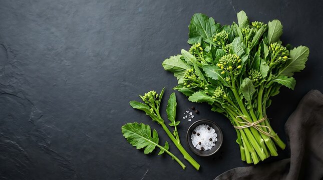 Fresh bunch of broccolini with sea salt on a dark textured stone background