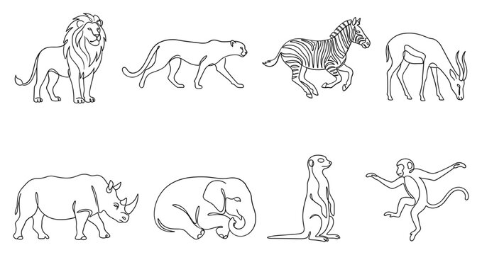 Collection of line art African savannah animals including a lion cheetah zebra gazelle rhinoceros elephant meerkat and monkey.