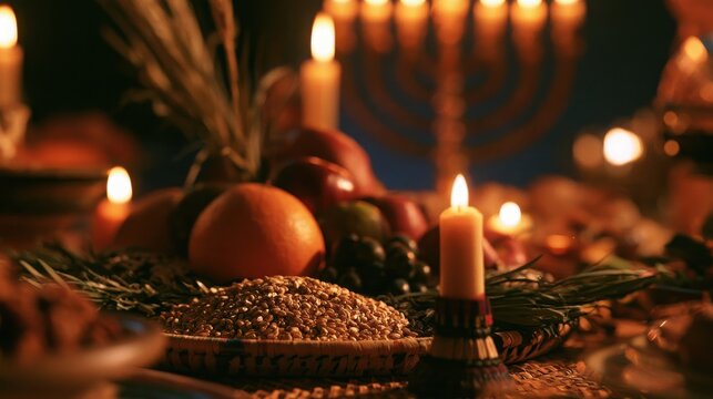 Harvest table setting illuminated by warm candle flame features fresh fruits, grains, and a menorah soft-focused in the background for a holiday feast.
