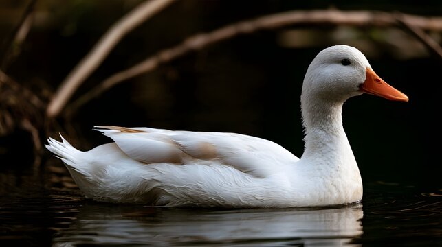 A serene white duck with an orange beak glides calmly on dark water  framed by blurred branches in the background