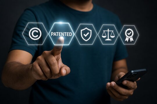 Man touching patented digital icon on glowing interface screen holding smartphone