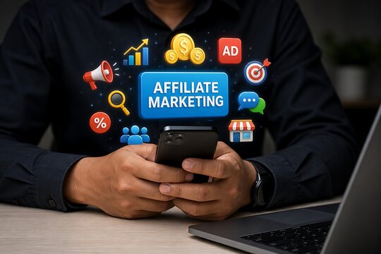 Person using smartphone with affiliate marketing and digital advertising floating icons