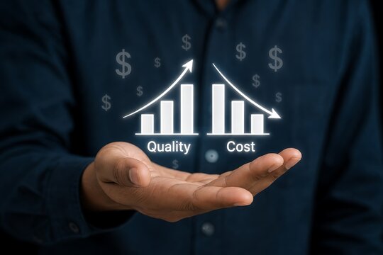 Business person presenting quality increase and cost decrease chart with dollar symbols