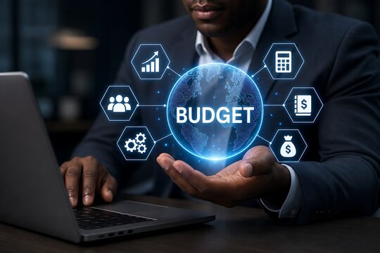 Businessman holding floating digital budget globe and working on laptop computer
