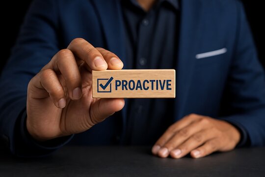 Businessperson holding wooden block with proactive text and checkmark symbol in office