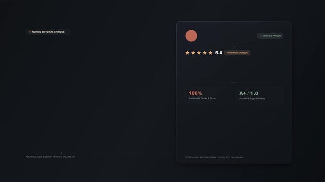 Nordic minimalist editorial review card with subtle geometric accents and five-star rating on dark background, clean customer feedback UI motion with Open Copy Space Area for branding or review text