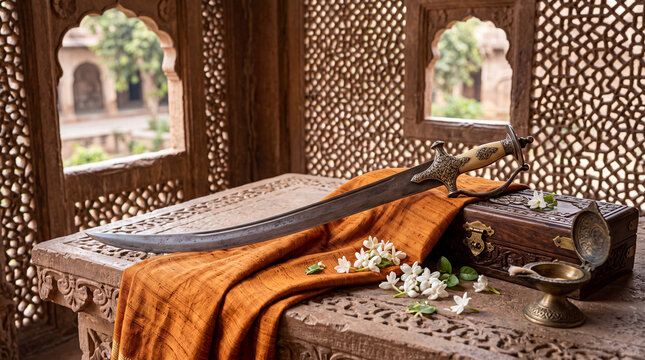 Ornamental curved sword on wooden table decorated with floral pattern historical object traditional sculpture decorative historical intricate craftsmanship oriental ethnographic heritage
