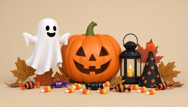 Festive halloween arrangement with pumpkin ghost lantern and autumn leaves on beige background