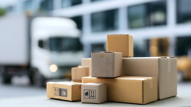 Stacked cardboard boxes ready for shipment with a delivery truck in the background near a modern building