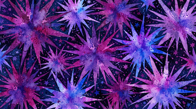 Watercolor seamless pattern with vibrant purple and blue starbursts and cosmic elements on a dark navy background