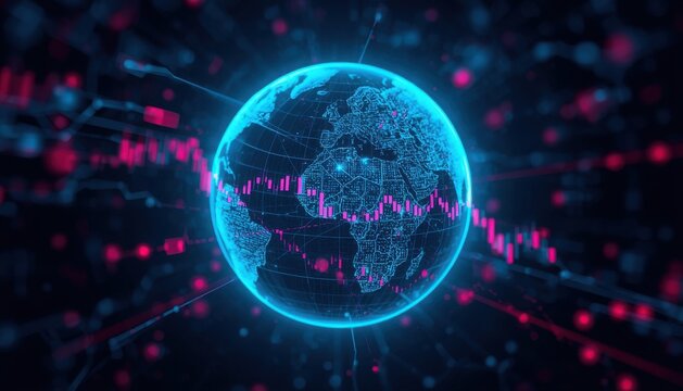 Futuristic digital globe featuring glowing network connections and overlaying stock market data visualization financial graph trading chart technology background connection lines