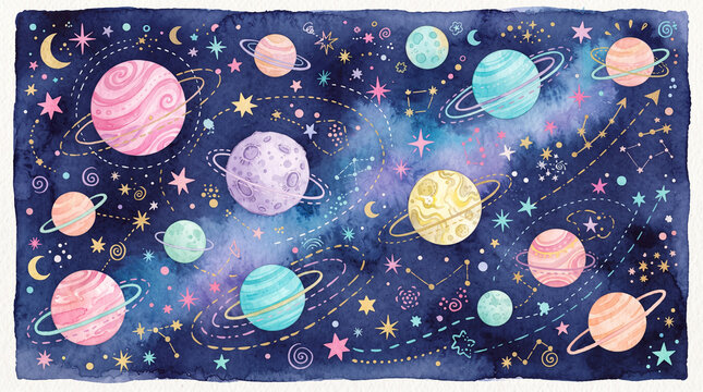 Watercolor space background with cute planets, stars, and constellations in a whimsical galaxy illustration