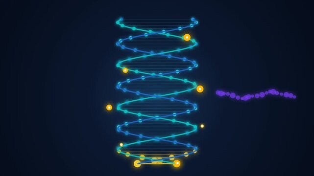 Futuristic glowing DNA double helix with neon blue strands and golden particles for genetic research concept