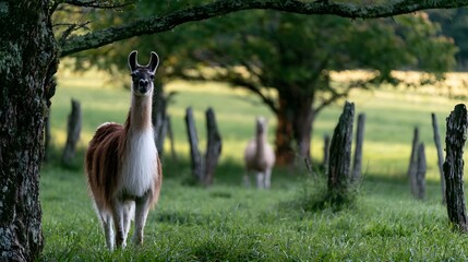 Fototapeta premium A brown and white llama stands alert in a sunlit green pasture framed by trees and wooden fence posts