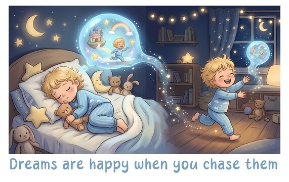 Magical illustration of child sleeping and chasing his dream, saying, idiom, proverb, phrase, metaphor, Dreams are happy when you chase them