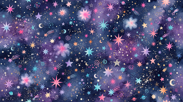 Seamless pattern with watercolor galaxy, night sky, stars, planets, and comets in shades of blue, purple, and pink