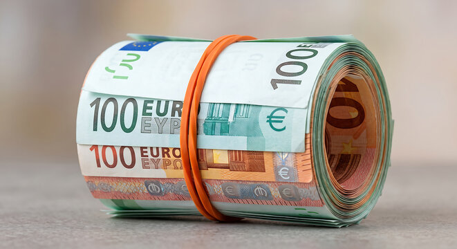 A stack of euro banknotes. isolated against a plain background. A thick roll of euro banknotes