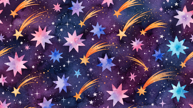 Seamless pattern with watercolor stars and comets on a dark purple night sky background, celestial cosmic design for fabric and wallpaper