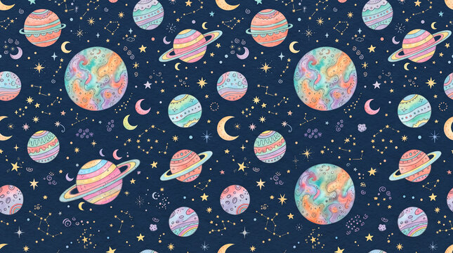 Seamless pattern with watercolor planets, stars, and constellations on a dark blue background, celestial space theme for fabric or wallpaper