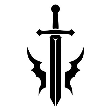 Winged gothic dagger with spread feather wings and sharp blade, black silhouette vector icon for dark tattoo, warrior, knight, medieval weapon, emblem and logo designs.
