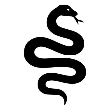 Coiled gothic snake serpent with forked tongue and curved body, black silhouette vector icon for dark tattoo, venom, danger, temptation, occult, reptile and emblem designs.