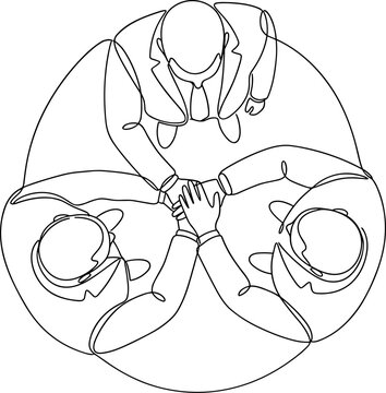 A continuous line art illustration of four people stacking their hands together in unity and teamwork.